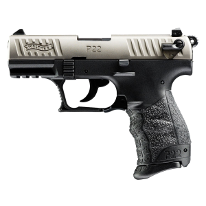 Walther Arms 5120336 P22 *CA Compliant 22 LR 10+1 3.42 in Black Permanent Threaded Capped Barrel, Nickel Serrated Steel Slide, Black Polymer Frame w/Picatinny Rail, Black Interchangeable Backstrap Grip, Pistol