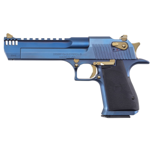 Magnum Research MK19 Desert Eagle, Semi-auto Pistol, 50 Action Express, 6 in Barrel, Integrated Muzzle Brake, Cerakote Finish, Carbo Blue, Rubber Grips, Gold Combat Sights, 7 Rounds, 1 Mag DE50CBG