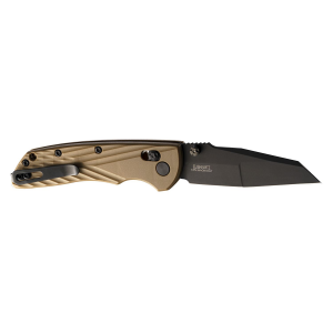 Hogue Deka 3.25 in Folding Wharncliffe Plain Black Cerakote CPM MagnaCut SS Blade\t FDE Crosshatch Textured GRN Handle\t Includes Pocket Clip