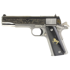 Colts Manufacturing Government Model, Day Of The Dead, 1911 Classic, Semi-auto, Metal Frame Pistol, Full Size, 38 Super, 5 in Barrel, Steel, Stainless Finish, 9 Rounds, 1 Mag, High Polished, Deep Engr