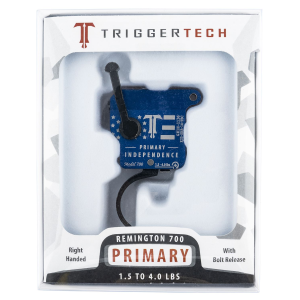 TriggerTech X33SRB14TBC Primary Independence Single-Stage Curved Trigger with 1.50-4 lbs Draw Weight, Red & Blue with White Engraving Finish for Remington 700 - Triggertech