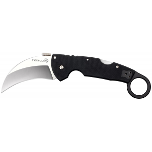 Cold Steel CS22C Tiger Claw 3.50 in Folding Hawkbill Plain Stonewashed American S35VN Blade/6 in Matte Black w/Ring G10 Handle Includes Belt Clip