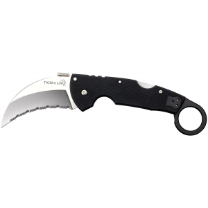Cold Steel CS22KFS Tiger Claw 3.50 in Folding Hawkbill Serrated Stonewashed American S35VN Blade/6 in Matte Black w/Ring G10 Handle Includes Belt Clip