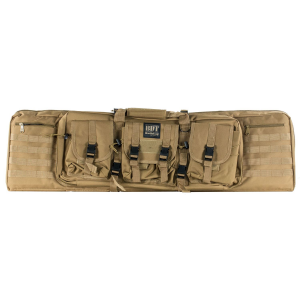 Bulldog BDT6043T BDT Tactical Double Rifle Case made of Nylon with Tan Finish 3 Accessory Pockets\t Deluxe Padded Backstraps Lockable Zippers & Padded Internal Divider 13 in H x 43 in W x 4 in D Interior Dimensions