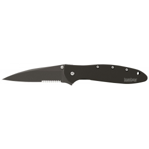 Kershaw 1660CKTST Leek 3 in Folding Modified Drop Point Part Serrated Black DLC 14C28N Steel Blade Black DLC 410 Stainless Steel Handle Includes Pocket Clip
