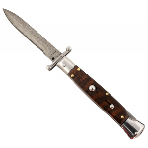Steel River Knives SGSWRDAM Spartan 3.9 in Italian Bayonet Damascus 5.1 in Snakewood Buffalo Horn Handle Side Open