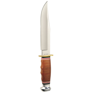 Ka-Bar 1236 Bowie 6.94 in Fixed Clip Point Plain Polished 4116 SS Blade\t Stacked Leather w/Finger Grooves Leather Handle\t Includes Sheath