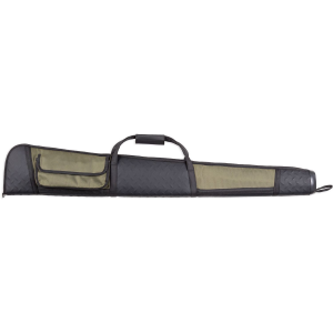 Bulldog BD315 Armor Shotgun Case made of Water-Resistant Nylon with Black Finish & Green Panels\t Padding\t Velcro Exterior Pocket & Shoulder Strap 52 in L x 2.50 in W x 8.50 in H Exterior Dimensions