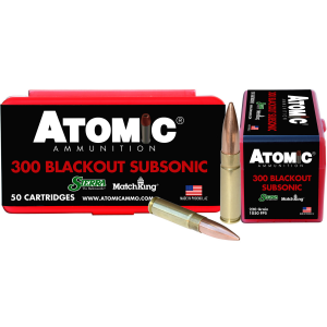 ATOMIC Ammunition 00465 Rifle Subsonic 300 Blackout 220 Gr Hollow Point Boat Tail 50 Per Box/ 10 Cs