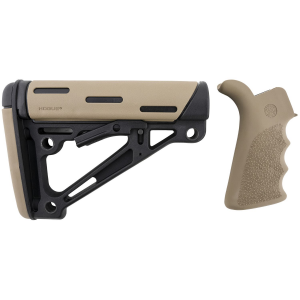 Hogue 15356 OverMolded Collapsible Buttstock made of Synthetic Material with Black Finish\t Flat Dark Earth OverMolded Rubber & Includes Flat Dark Earth Rubber Finger Grooved Grip for AR-15\t M16 with Mil-Spec Buffer Tube (Tube Not Included)