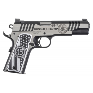 Auto-Ordnance 1911TCAC14N 1911 Trump One 45 ACP 5in Barrel 7+1, Overall Stainless Cerakote with Black Cerakote Accents, Serrated/Engraved with Ports Slide  Custom Flag Engraved Aluminum Grip