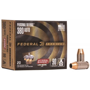 Federal PD380HS1H Premium Personal Defense Low Recoil 380 ACP 90 gr Hydra Shok Jacketed Hollow Point 20 Per Box/ 10 Cs