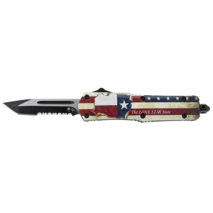 Templar Knife STX531 Texan Gen II Small 2.25 in OTF Tanto Part Serrated Black Oxide Stonewashed 440C SS Blade/ 4.31 in Texas Flag Aluminum Handle Features Glass Breaker Includes Pocket Clip/Sheath