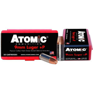 Atomic 00409, Pistol Precision Craft 9mmLuger +P 124gr Bonded Match Hollow Point 50 Per Box/10 Case Centerfire, Handgun Ammunition