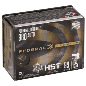 Federal P380HST1S Premium Personal Defense Micro 380ACP 99gr HST Jacketed Hollow Point 20 Per Box/10 Case Centerfire, Handgun Ammunition