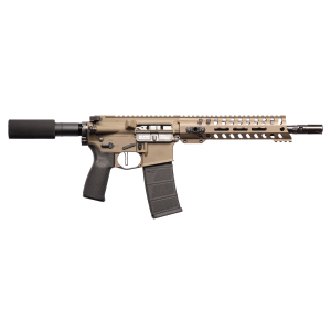 Patriot Ordnance Factory 01803 Minuteman Direct Impingement 5.56x45mm 30+1 10.50 in Nitride Treated Chrome Moly Barrel, 9 in M-LOK Handguard, Patriot Brown Cerakote Receiver, Black Synthetic Buffer Tube, Black MFT Grips, Pistol