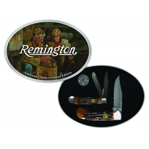 Remington Accessories 15683 American Classic Limited Edition Gift Tin Two 3.50 in Folding Plain Stainless Steel Blade Coffee Brown Bone with Embedded Remington Cutlery Medallion Handle