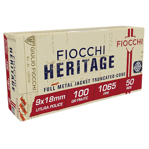 FIOCCHI 9x18 Heritage 9x18mmultra 100gr Full Metal Jacket Truncated Cone 50 Per Box/20 Case Centerfire, Handgun Ammunition