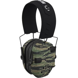 Walker's GWPRSEMTCMO Razor Slim Electronic Muff 23 dB\t Over the Head\t Tiger Stripe Camo Slim Ear-Cups\t Black Headband\t Includes Batteries