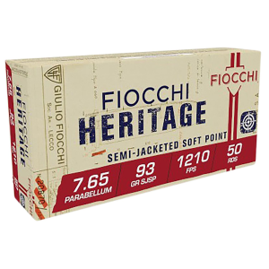 FIOCCHI 765b Heritage 7.65x21mmparabellum 93gr Semi Jacketed Soft Point 50 Per Box/20 Case Centerfire, Handgun Ammunition