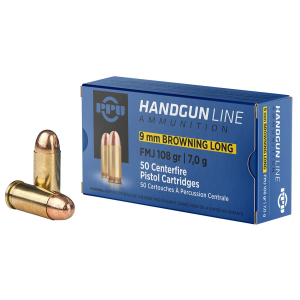 PPU PPH9BL 9mmBrowningLong 108gr Full Metal Jacket 50 Per Box/20 Case Centerfire, Handgun Ammunition - Ppu