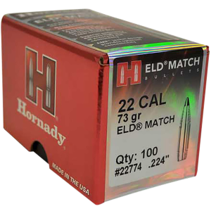Hornady 22774 ELD Match 22 Cal .224 73 gr Extremely Low Drag Match 100 Per Box/ 25 Case