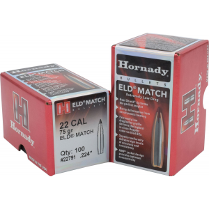 Hornady 22791 ELD Match 22 Cal .224 75 gr Extremely Low Drag Match 100 Per Box/ 25 Case