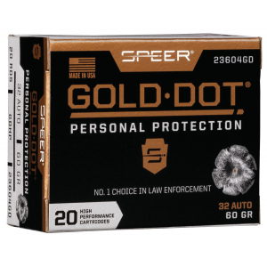 Speer 23604GD Gold Dot Personal Protection 32 ACP 60 gr Hollow Point 20 Per Box/ 10 Case