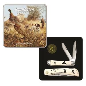 Remington Accessories 15684 Flushing Pheasant Limited Edition Gift Tin 2.75 in/3.50 in Folding Plain Stainless Steel Blade White w/Etched Upland Hunting Scene Bone Handle