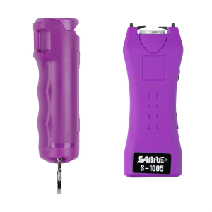 Sabre Stun Gun and Pepper Spray Package S5PR-F15PR, Purple Color, Stun Gun w/ Built-in 120 Lumen Flashlight, Flip top Pepper Spray S5PR-F15PR