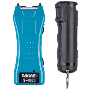Sabre Stun Gun and Pepper Spray Package S5TQ-F15BKOC, Turquoise Color Stun Gun w/ Built-in Flashlight, Black Color Flip Top Pepper Spray S5TQ-F15BKOC