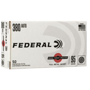 Federal RTP38095 Range & Target 380ACP 95gr Full Metal Jacket 50 Per Box/20 Case Centerfire, Handgun Ammunition