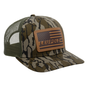 Leupold 172600 Leather Flag Trucker Hat Green/Bottomland Camo Adjustable Snapback OSFA Semi-Structured