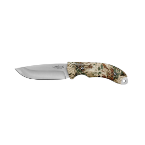 Camillus Mask, Fixed Blade Knife, Plain Edge, Camo Rubber Handle, Satin Finish, Silver, 4 in Blade Length, 9 in Overall Length, 420 Stainless Steel, Includes Nylon Sheath CAM-19832
