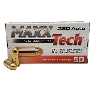 MaxxTech PTGB380B Brass Pistol 380ACP 95gr Full Metal Jacket 50 Per Box/20 Case, Centerfire Handgun Ammo - Tulammo