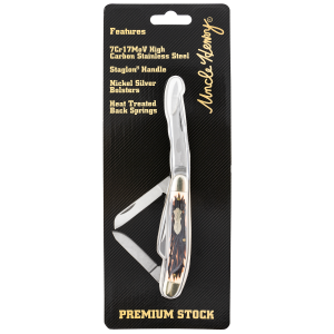 Uncle Henry 897UHCP Premium Stock 2.80 in Folding Clip/Sheepsfoot/Spey Plain 7Cr17MoV SS Blade Silver Bolsters Staghorn/Nickel Handle - Uncle Henry