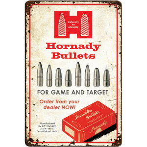 Hornady 99145 Bullets Tin Sign Rustic Red White Aluminum 12 in x 18 in