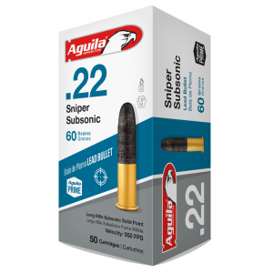 AGUILA 1b220112 Sniper Subsonic Rimfire 22 Lr 60 Gr Lead Solid Point 50 Per Box/ 20 Cs