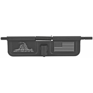 Bastion Bastion, Don't Tread On Me, AR-15 Ejection Port Dust Cover, Black/White Finish, Don't Tread On Me/Gadsden Flag Laser Engraved On open Side Only, Fits Standard 223/556/6.8/6.5 BASEPDC-BW-75DTOM - Bastion