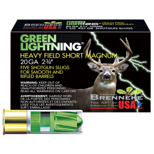 Brenneke SL202HFSGL Green Lightning Heavy Field Short Magnum 20 Gauge 2.75 in 1 oz Slug Shot 5 Per Box/ 50 Cs