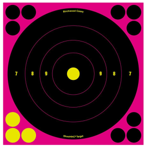 Birchwood Casey 34808 Shoot-N-C Reactive Target Self-Adhesive Paper Air Rifle/Centerfire Rifle/Rimfire Rifle Black/Pink 8 in Bullseye Includes Pasters 6 Pack