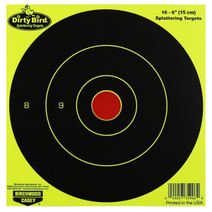 Birchwood Casey 35906 Dirty Bird 6 in Bullseye Paper Hanging Pistol/Rifle Black/Yellow 16 Per Pkg