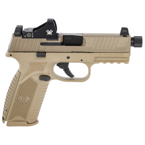 FN 66100845 509T w/Optic Sports South Exclusive Full Size Frame 9mm Luger 17+1/24+1 4.50 in Black Threaded Barrel, FDE Optic Cut/Serrated Stainless Steel Slide, Polymer Frame w/Picatinny Rail, Interchangeable Backstrap Grip, Vortex Viper Red Dot, Pis