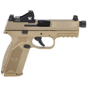 FN 66100847 509T w/Optic Sports South Exclusive 9mm Luger 10+1, 4.50 in Black Steel Threaded Barrel, FDE Optic Cut/Serrated Stainless Steel Slide, FDE Polymer Frame w/Picatinny, Vortex Viper Red Dot, Pistol