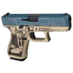 Glock PA195S204NGOA G19 Gen 5 Gulf of America Compact Frame 9mm Luger 15+1 4.02 Black GMB Barrel, Distressed Blue Steel Serrated Slide, Tan w/Trump Poly Frame w/Pic Rail, Ambi, Pistol - Glock