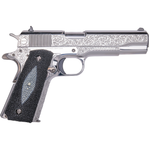 Cnc Firearms CNCTUX38 Colt 1911 Tuxedo 38 Super 9+1 5 Stainless BBL, High Polished w/Black DLC Engraving Stainless Serr Slide & Frame, Stingray Grip,Pistol - Cnc