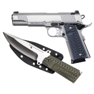 MAGNUM Research 1911g, 1911, Semi-automatic, Metal Frame Pistol, Full Size, 45 Acp, 5 In Barrel, Steel, Stainless Steel Finish, G10 Grips, Fixed Sights, 8 Rounds, 2 Magazines, Includes 1911 Knife And Sheath De1911gss-k