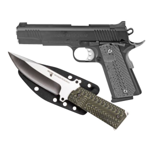 Magnum Research DE1911G10K 1911G w/, Knife 10mm Auto 8+1, 5.01 in Black Steel Bull Barrel, Black Serrated Carbon Steel Slide, Matte Black Carbon Steel Frame w/Beavertail, Black/Gray G10 Grip, Manual Thumb Safety, Right Hand, Pistol