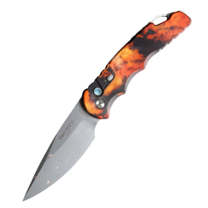 Pro-Tech T4101-DF Tactical Response 4 Stonewashed Del Fuego Aluminum Drop Point Folding Flames Automatic Knife