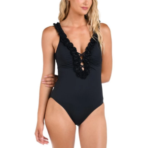 Women's La Blanca Ruffled V-Plunge One Piece Swimsuit Contemporary 8 Black